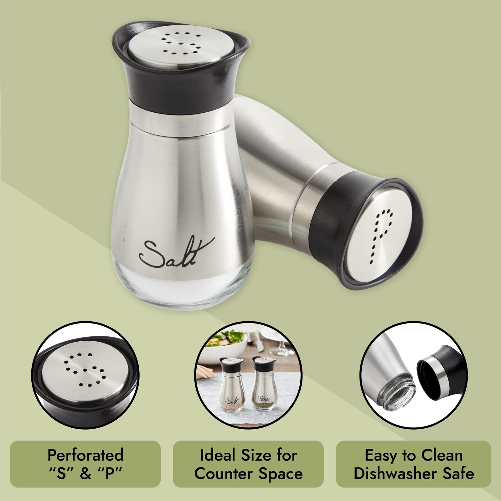 Stainless Steel Salt and Pepper Shaker Set with Transparent Glass Bottoms  Screw-Off Caps  and Perforated ''S'' and ''P'' Designs for Modern Kitchen Accessories (4oz)